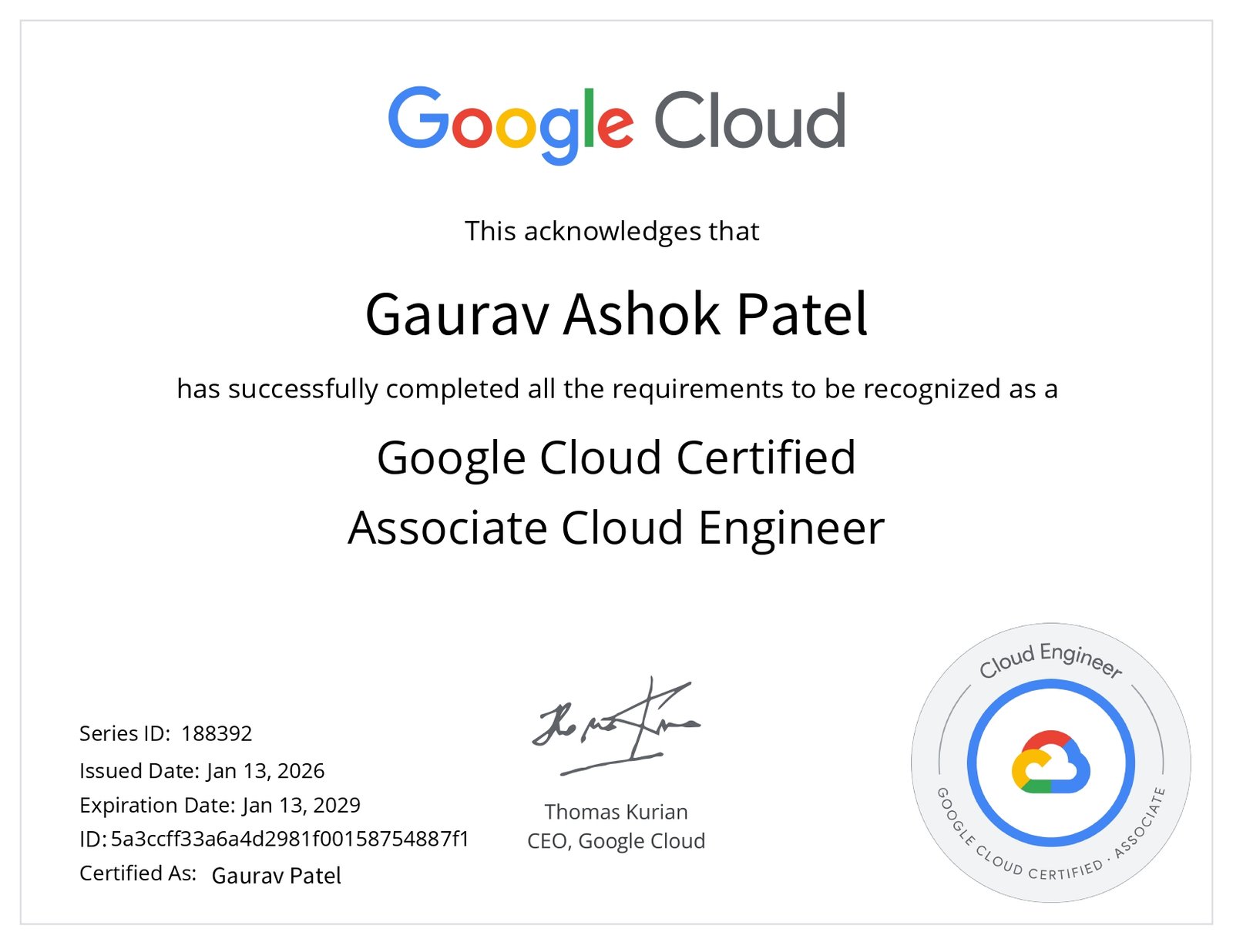 Google Cloud Certified Associate Cloud Engineer certificate
