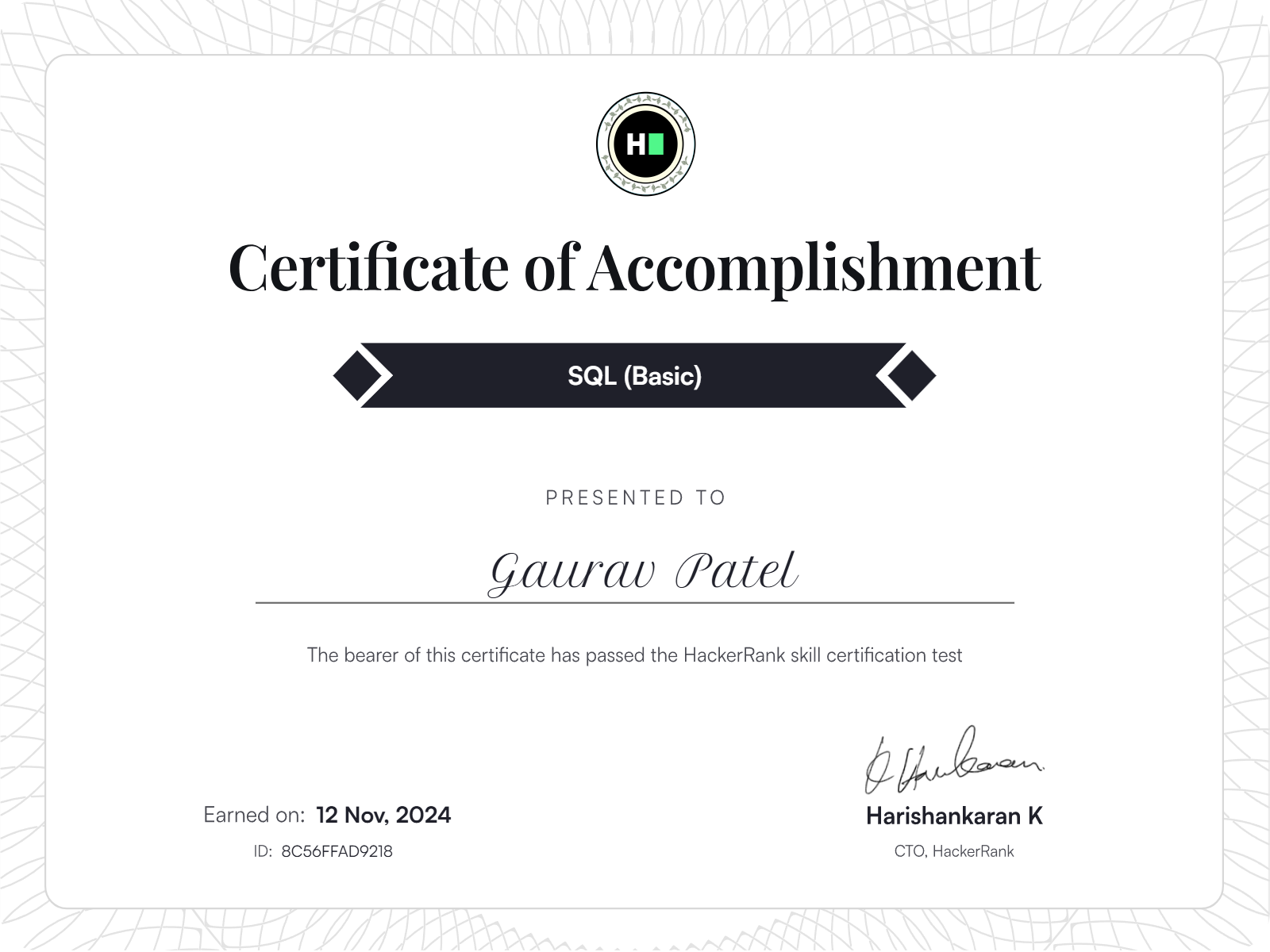 HackerRank SQL Basic certificate of accomplishment